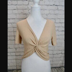 Zara Top Beige Twist Ribbed Knit V-Neck Short Sleeve Cropped Blouse Size S